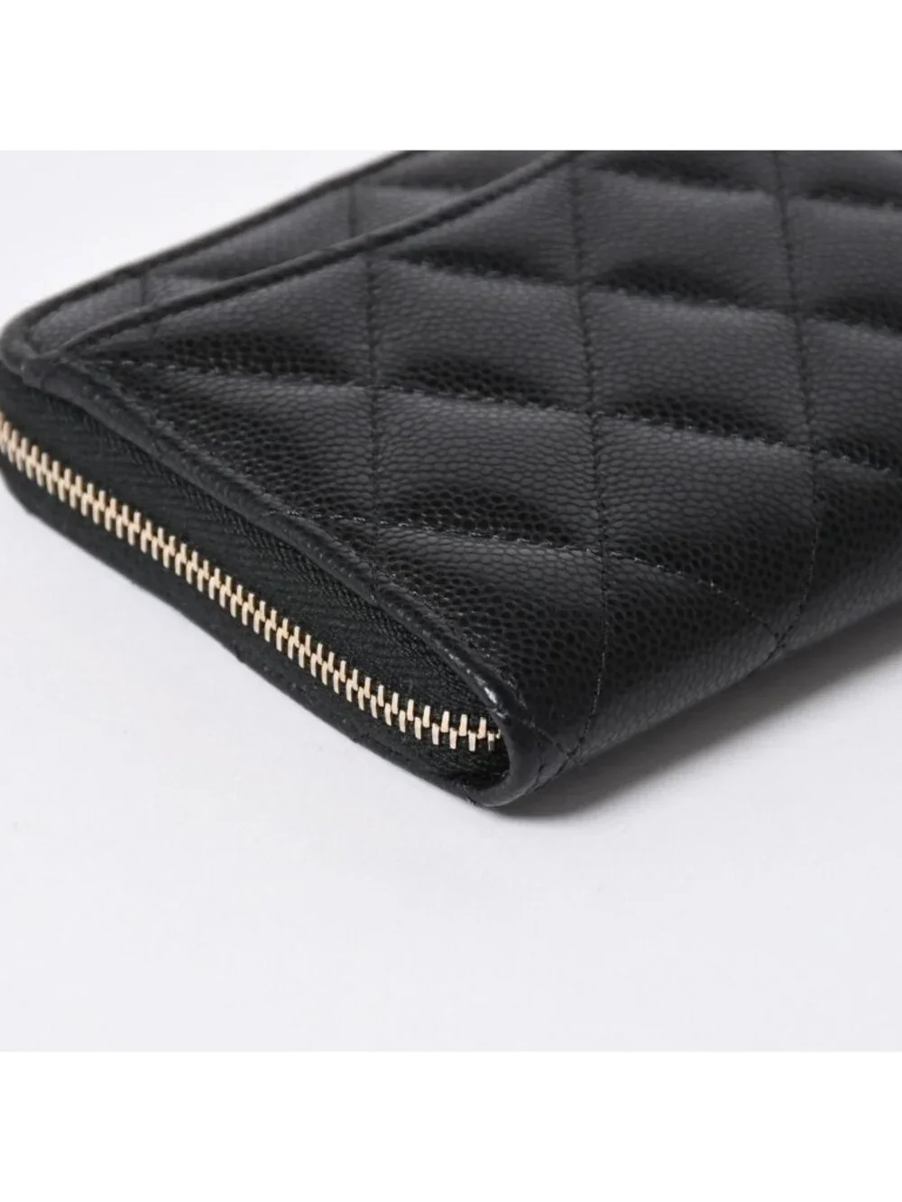 Chanel Quilted Compact Wallet Coin Purse Caviar Leather Black Gold